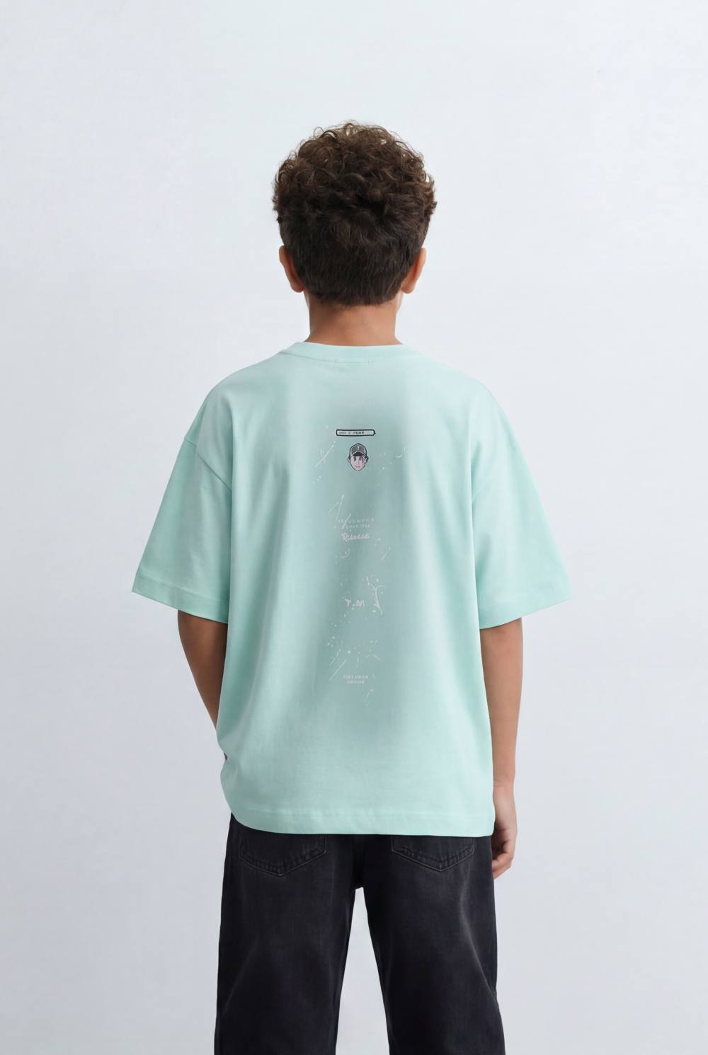 Boy's Tomato Store Back Graphic T-Shirt Minimal Vertical Artwork Clean Oversized Streetwear Fit