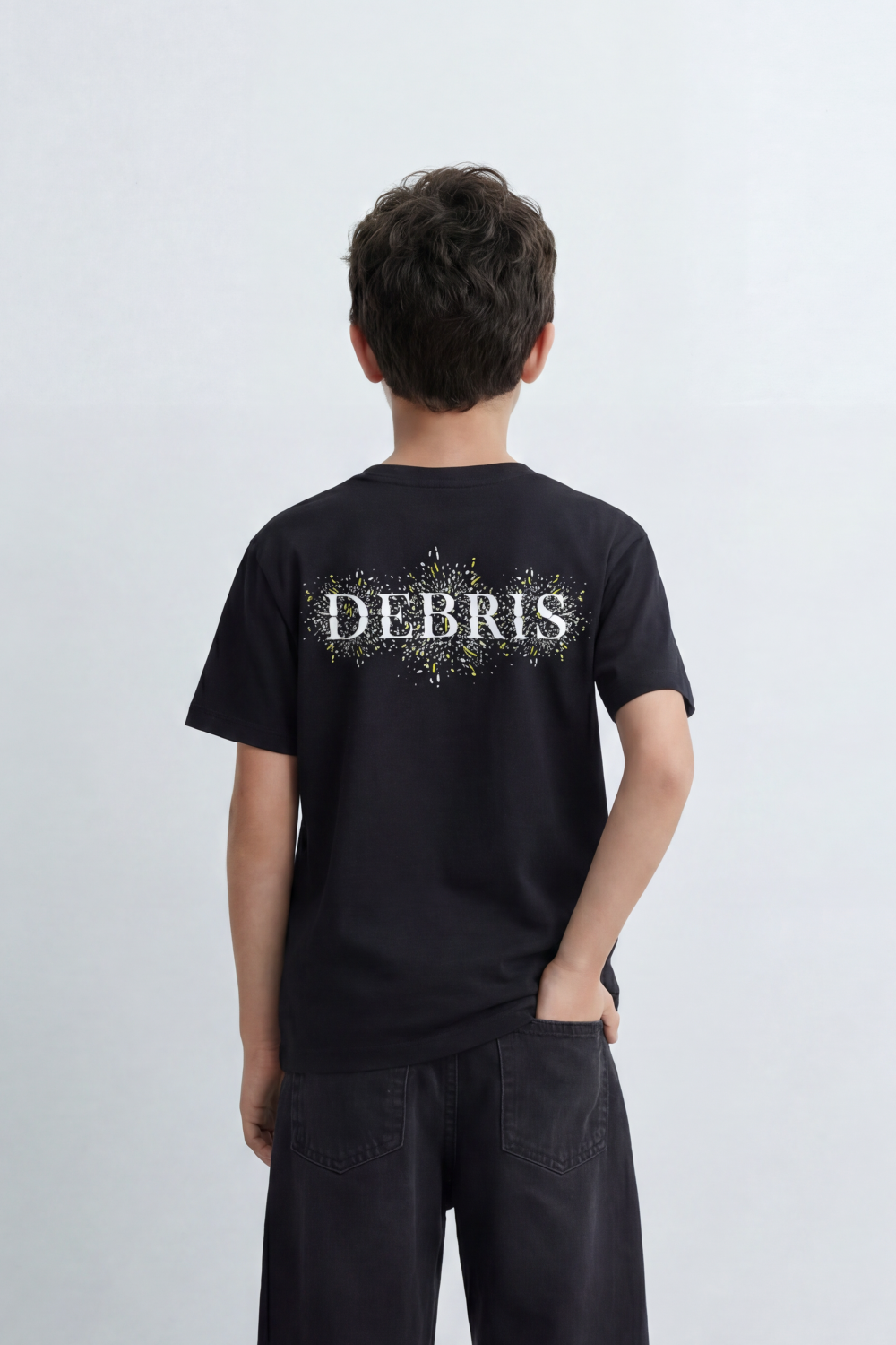 Boy's Tomato Store Debris Burst T-Shirt Made From Soft Cotton Knit Fabric Featuring Large Back Typography Print Distressed Speckle Splash Artwork