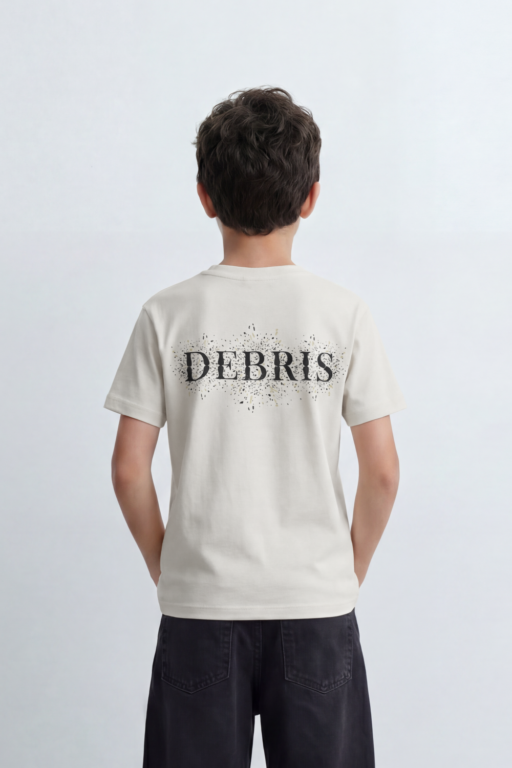 Boy's Tomato Store Debris Burst T-Shirt Made From Soft Cotton Knit Fabric Featuring Large Back Typography Print Distressed Speckle Splash Artwork