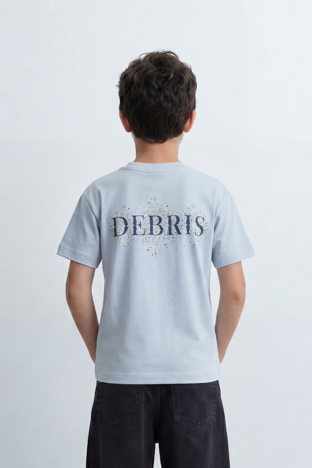 Boy's Tomato Store Debris Burst T-Shirt Made From Soft Cotton Knit Fabric Featuring Large Back Typography Print Distressed Speckle Splash Artwork