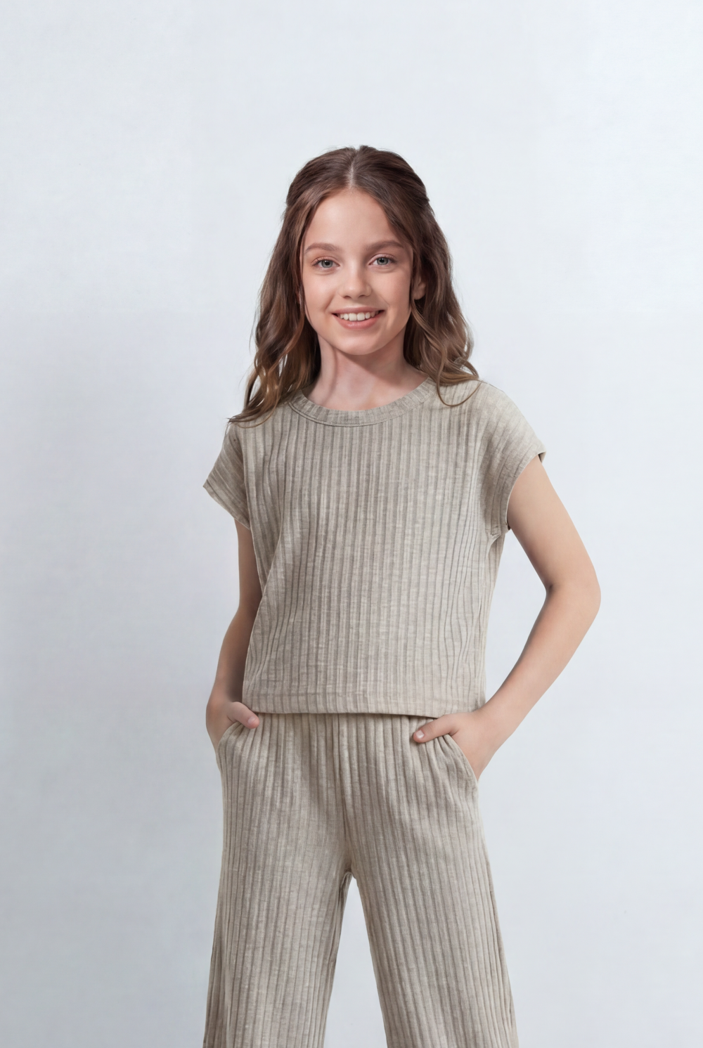 Girl's Tomato Store Ribbed Co-Ord Set Matching Top And Pants Vertical Texture Design Slim Fit Outfit