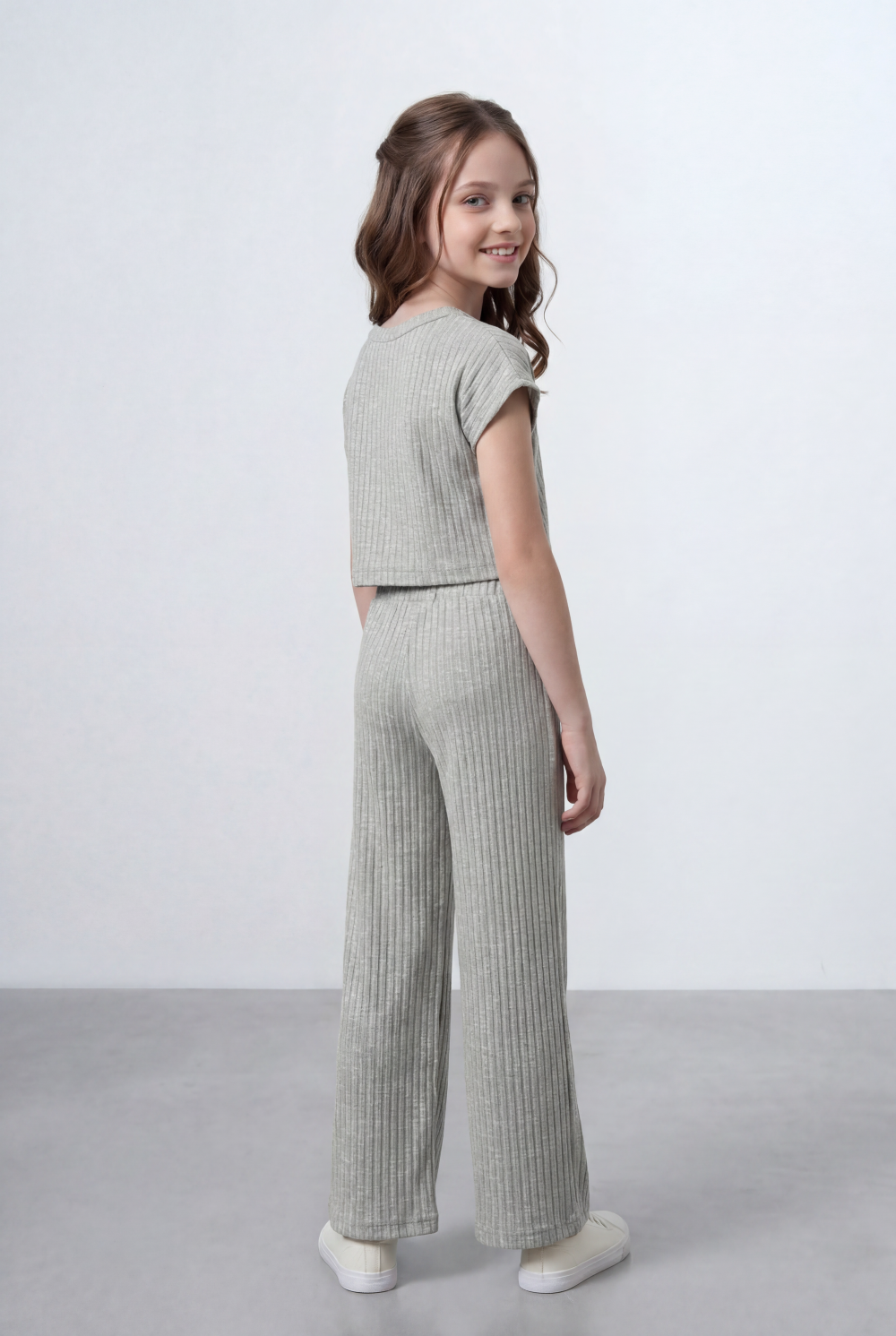 Girl's Tomato Store Ribbed Co-Ord Set Matching Top And Pants Vertical Texture Design Slim Fit Outfit