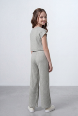 Girl's Tomato Store Ribbed Co-Ord Set Matching Top And Pants Vertical Texture Design Slim Fit Outfit