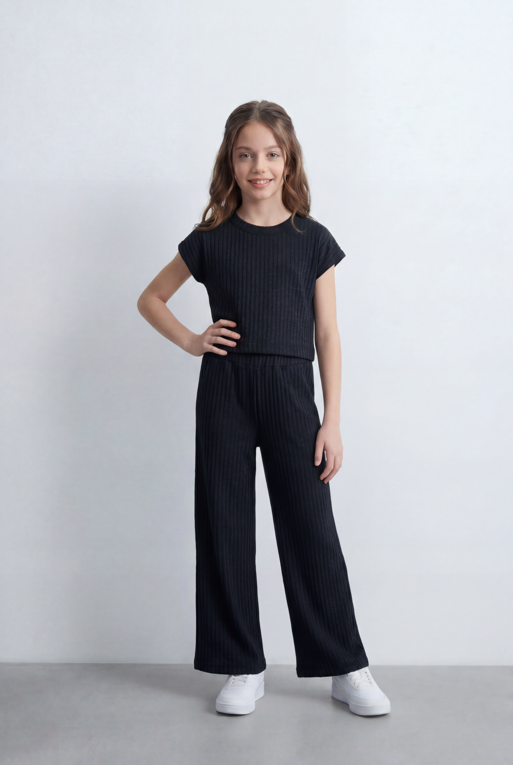 Girl's Tomato Store Ribbed Co-Ord Set Matching Top And Pants Vertical Texture Design Slim Fit Outfit