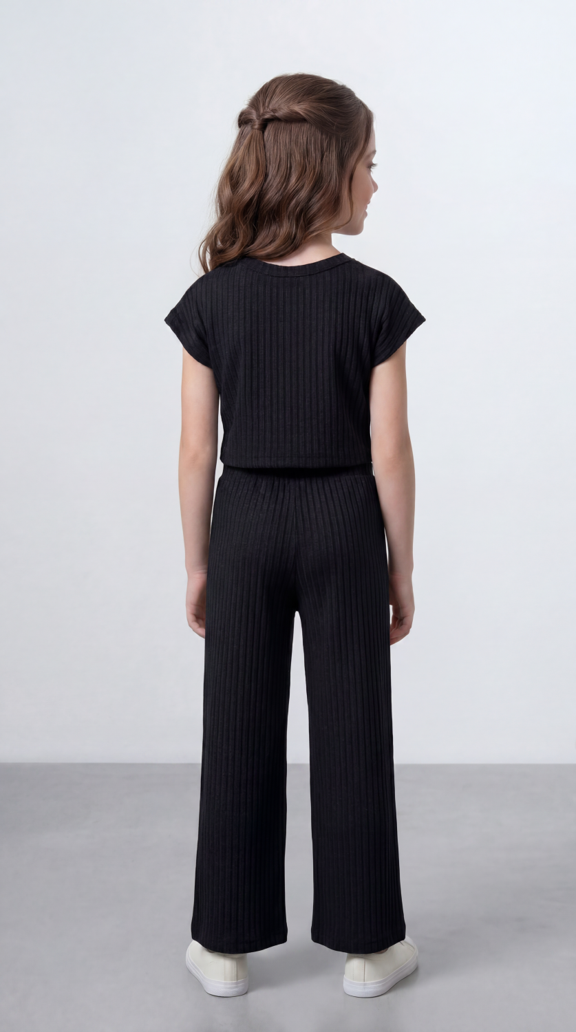 Girl's Tomato Store Ribbed Co-Ord Set Matching Top And Pants Vertical Texture Design Slim Fit Outfit