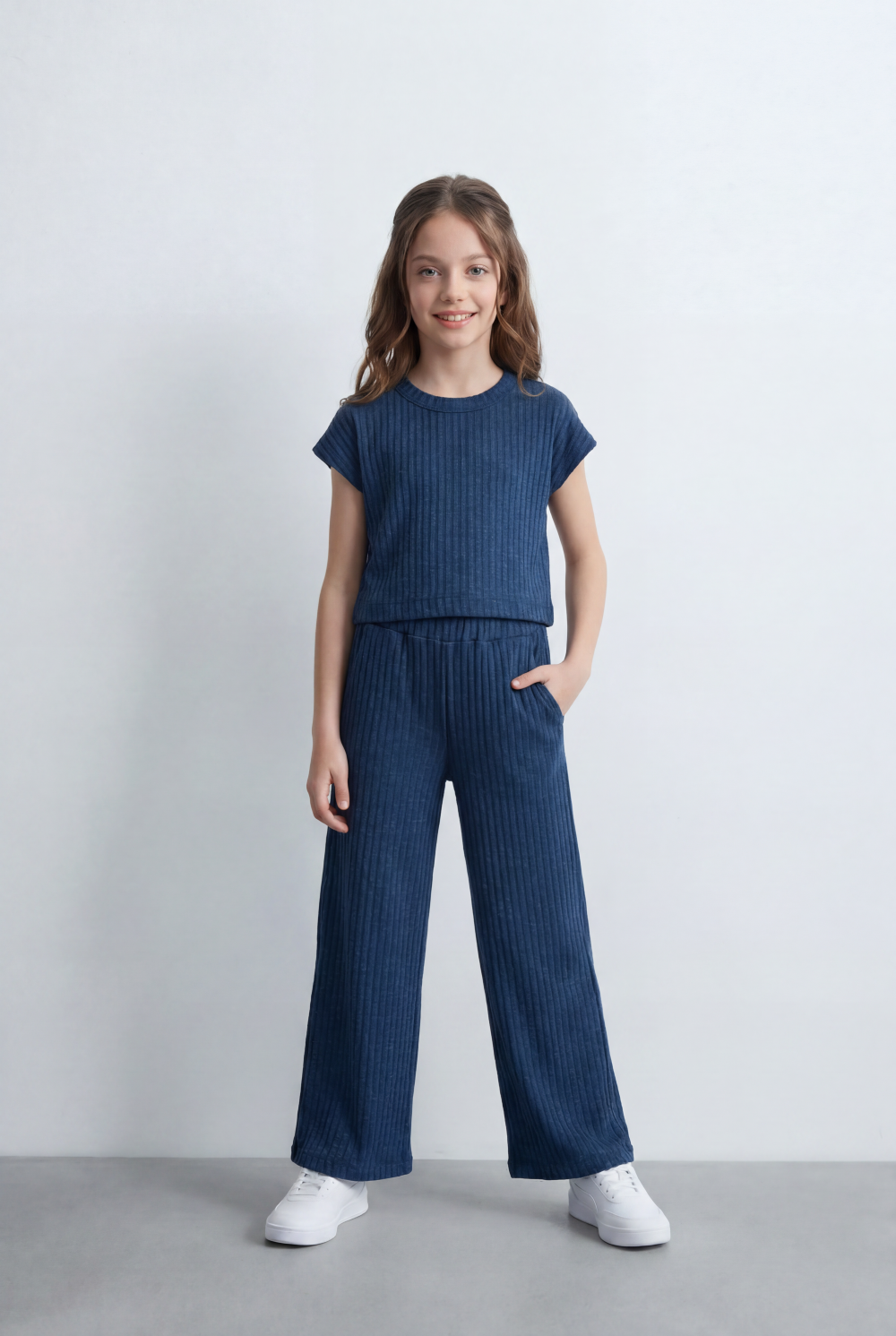 Girl's Tomato Store Ribbed Co-Ord Set Matching Top And Pants Vertical Texture Design Slim Fit Outfit