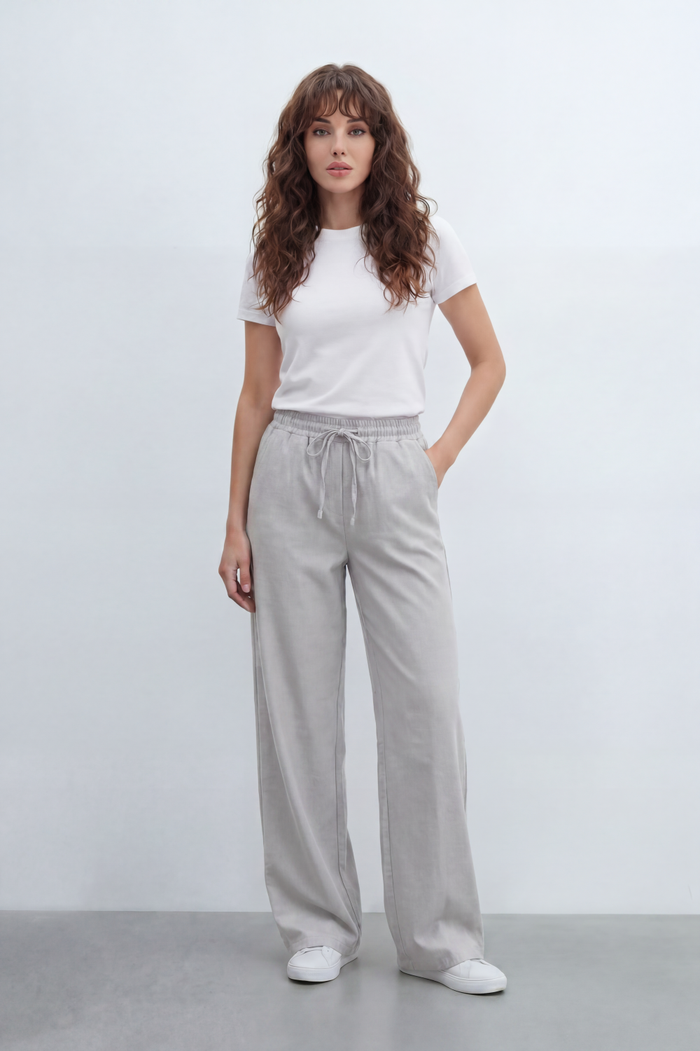 Women’s Tomato Store Breeze Drawcord Straight Pants With Linen Look Slub Texture Plain Washed Surface