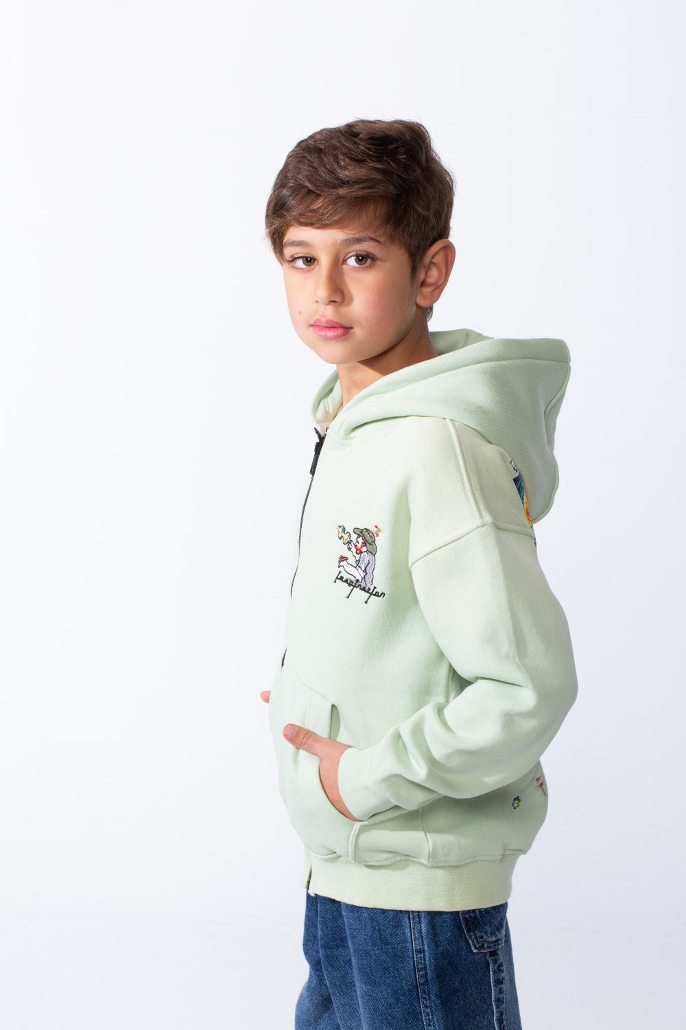 Boy's Back Graphic Print Melton Slim Fit Full Front Zip Hood Sweatshirt With Pockets