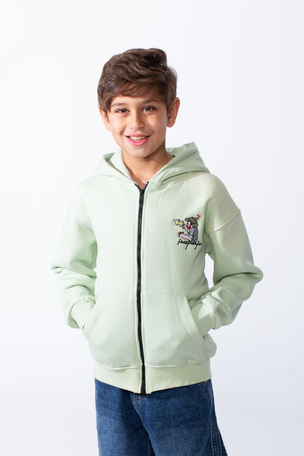 Boy's Back Graphic Print Melton Slim Fit Full Front Zip Hood Sweatshirt With Pockets