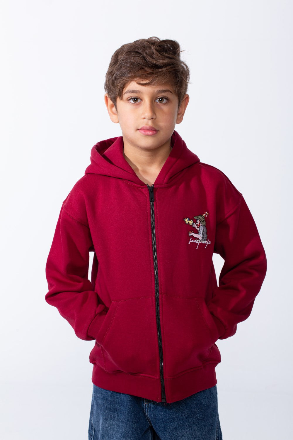 Boy's Back Graphic Print Melton Slim Fit Full Front Zip Hood Sweatshirt With Pockets