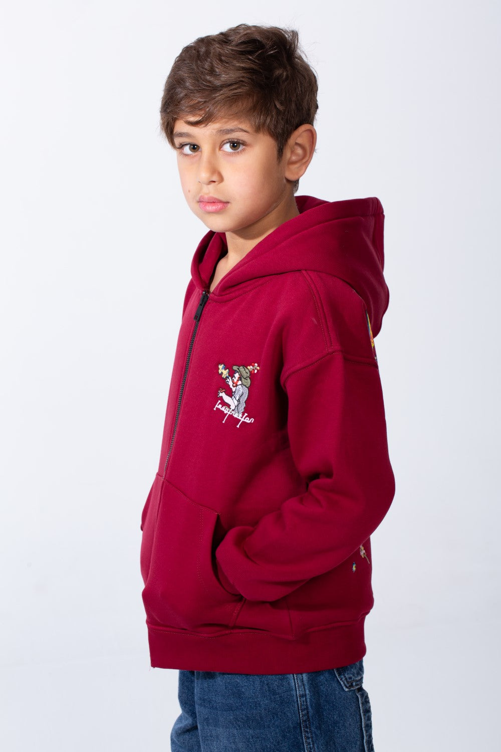 Boy's Back Graphic Print Melton Slim Fit Full Front Zip Hood Sweatshirt With Pockets