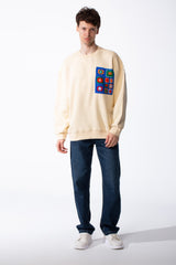 Men's Oversized Crewneck Melton Sweatshirt Handcrafted Crocheted Square Patch Classic Ribbed Trims Modern Streetwear