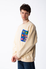 Men's Oversized Crewneck Melton Sweatshirt Handcrafted Crocheted Square Patch Classic Ribbed Trims Modern Streetwear