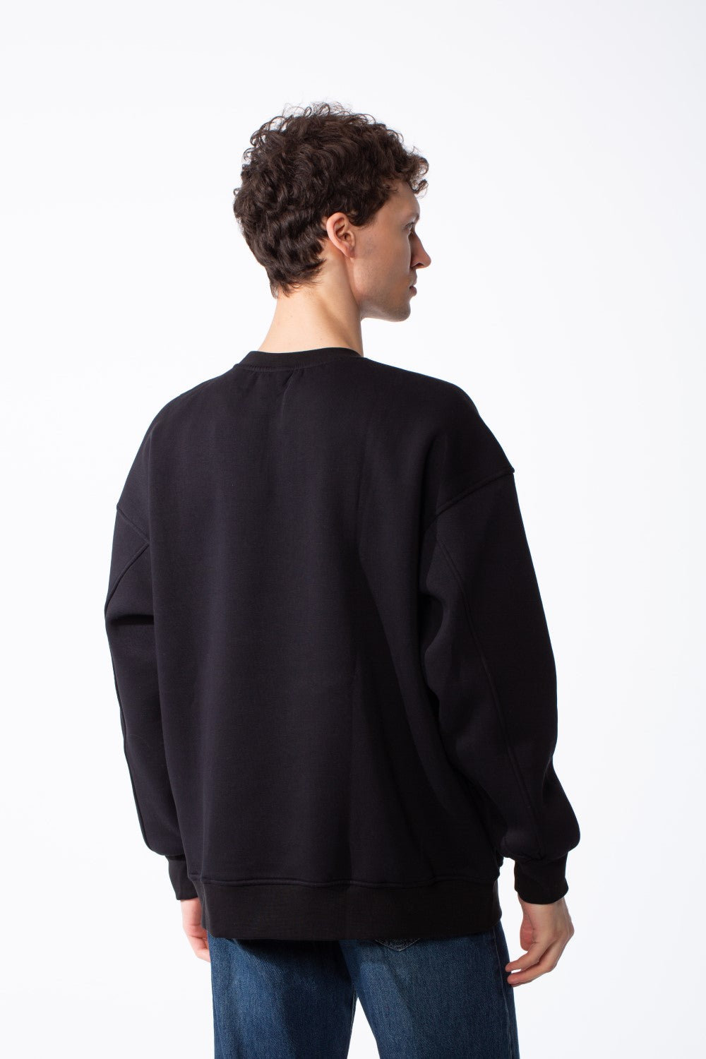 Men's Oversized Crewneck Melton Sweatshirt Handcrafted Crocheted Square Patch Classic Ribbed Trims Modern Streetwear