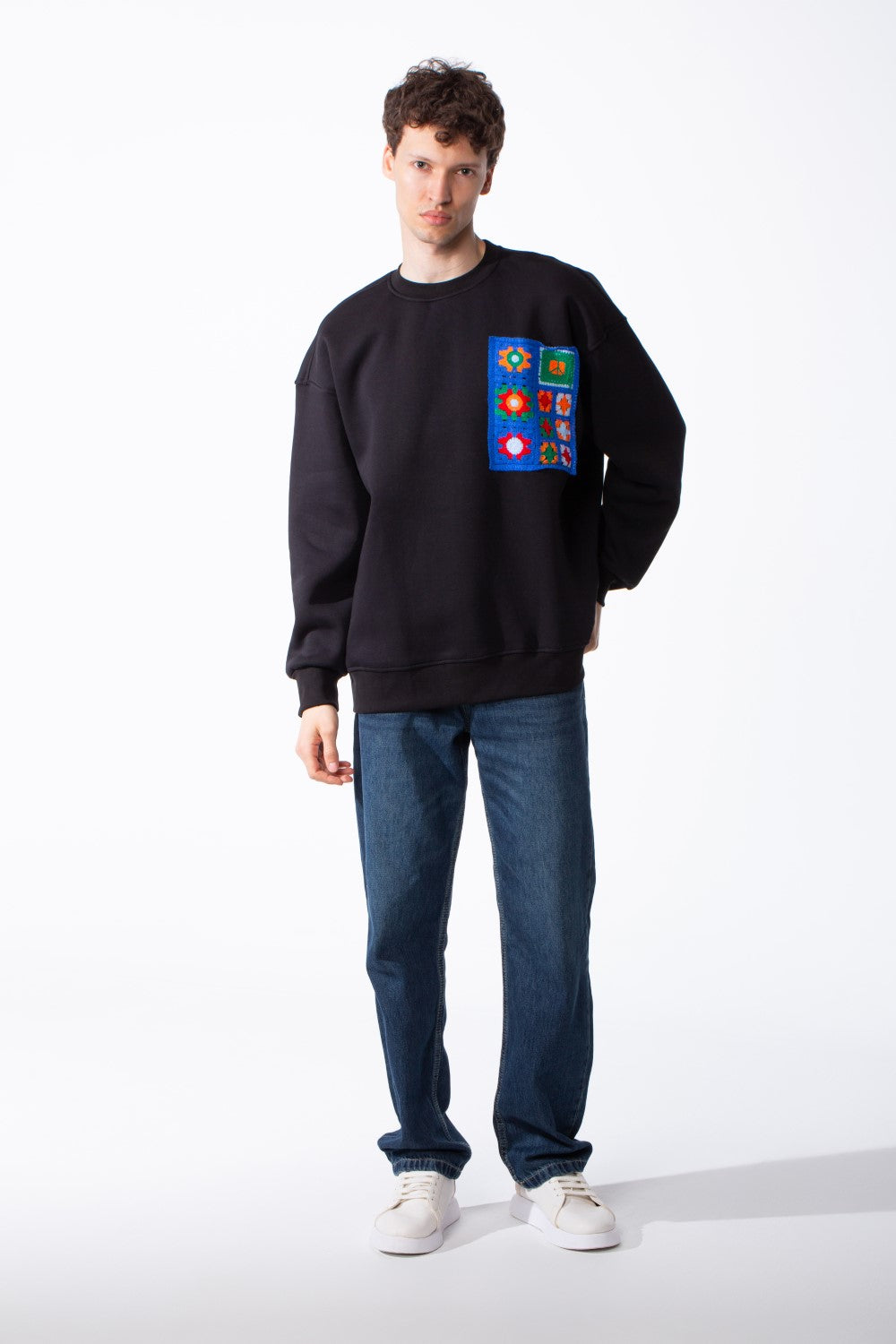 Men's Oversized Crewneck Melton Sweatshirt Handcrafted Crocheted Square Patch Classic Ribbed Trims Modern Streetwear
