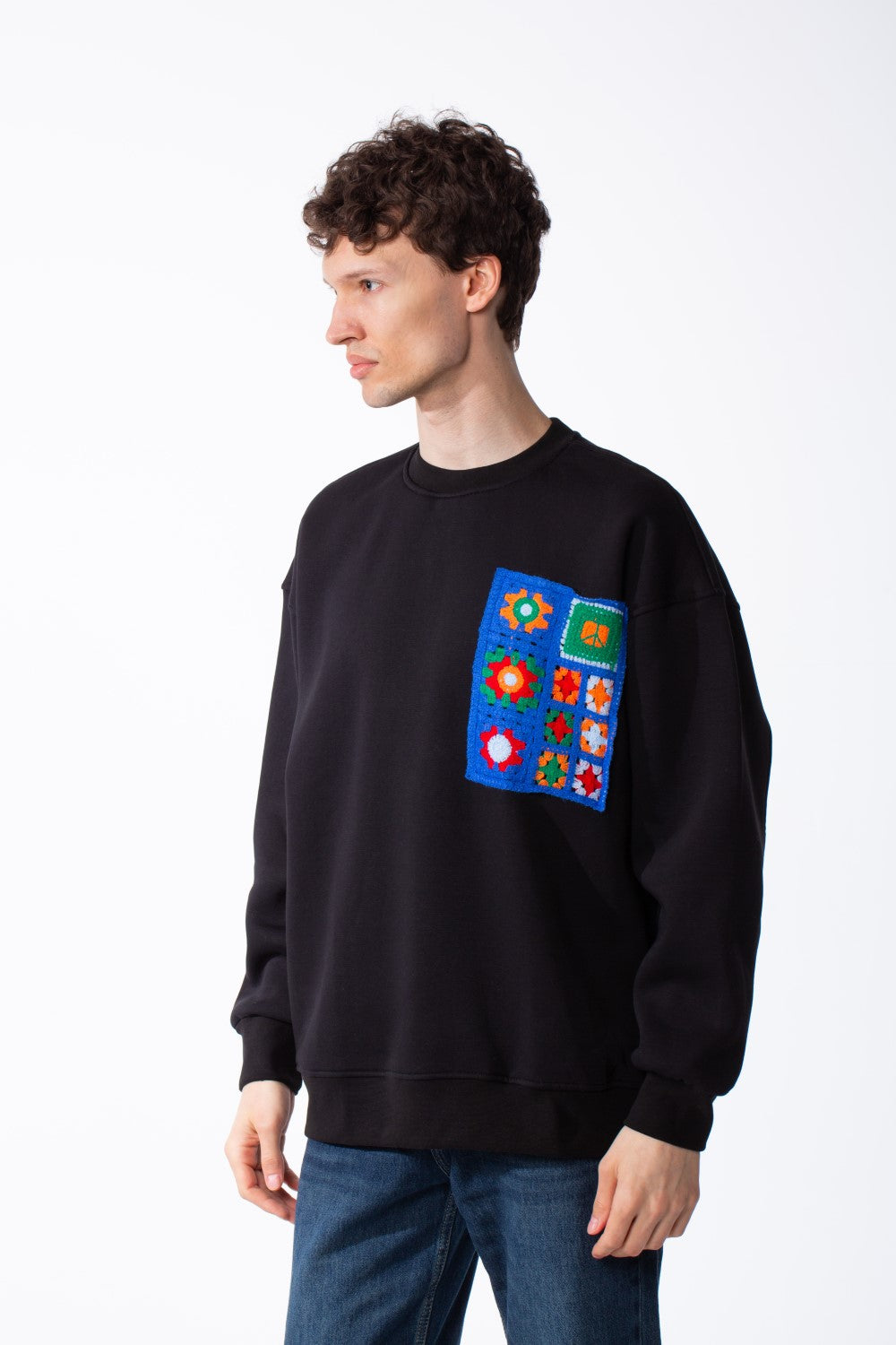Men's Oversized Crewneck Melton Sweatshirt Handcrafted Crocheted Square Patch Classic Ribbed Trims Modern Streetwear