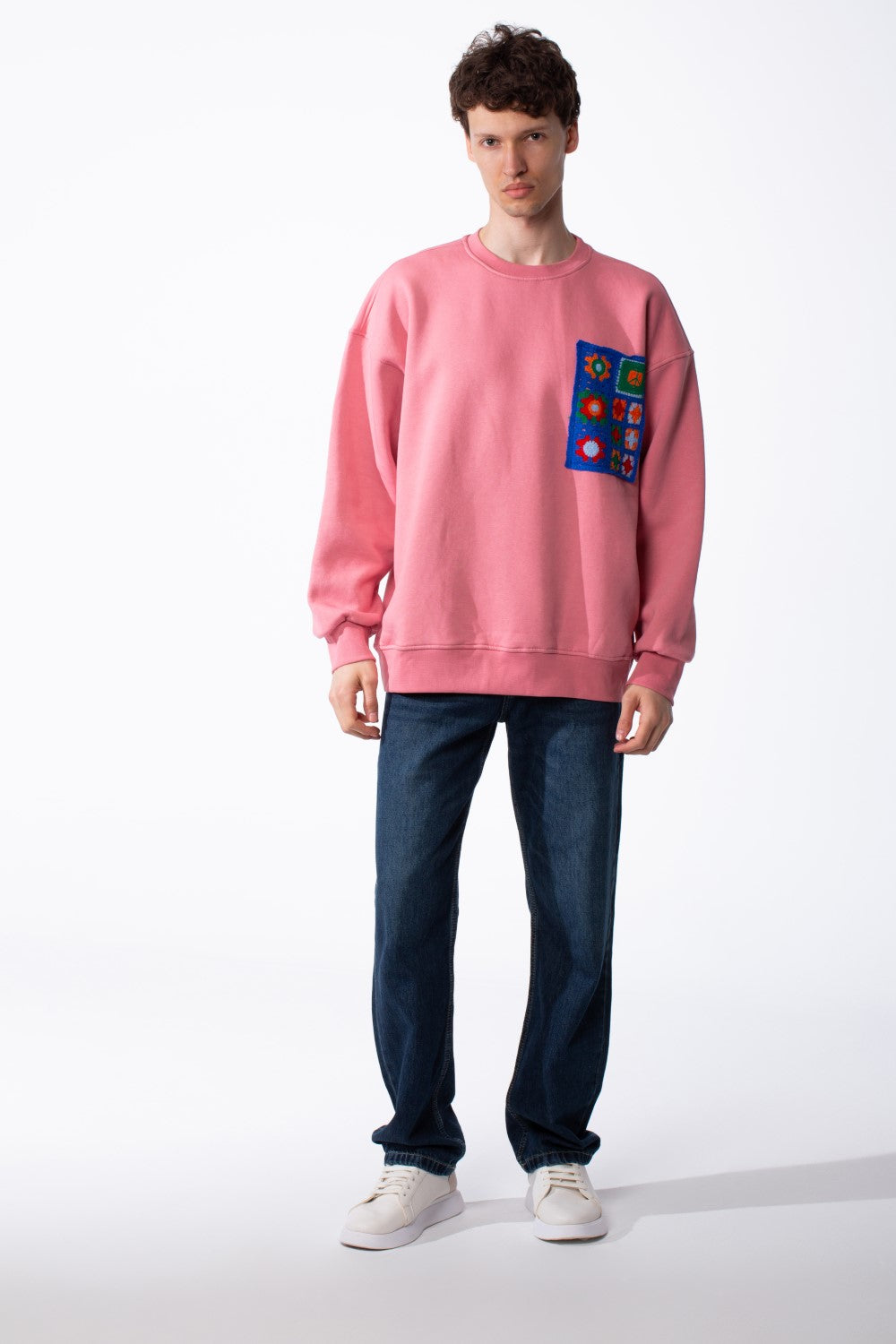 Men's Oversized Crewneck Melton Sweatshirt Handcrafted Crocheted Square Patch Classic Ribbed Trims Modern Streetwear