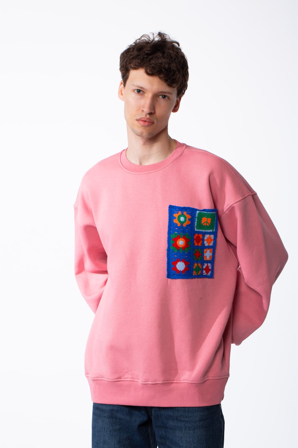 Men's Oversized Crewneck Melton Sweatshirt Handcrafted Crocheted Square Patch Classic Ribbed Trims Modern Streetwear