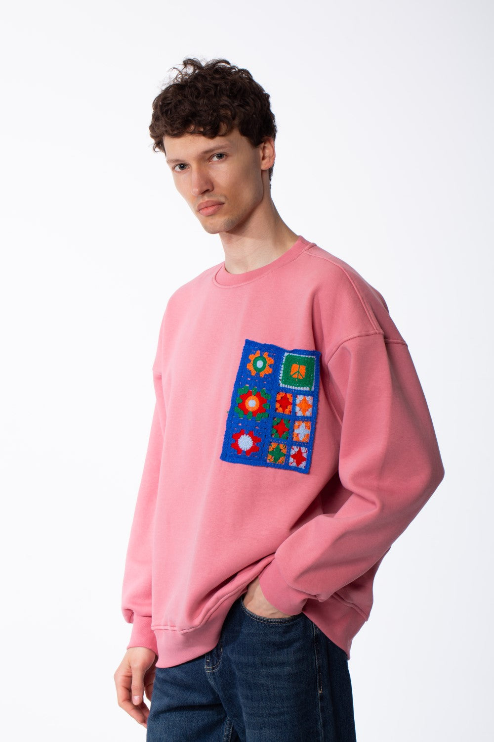 Men's Oversized Crewneck Melton Sweatshirt Handcrafted Crocheted Square Patch Classic Ribbed Trims Modern Streetwear