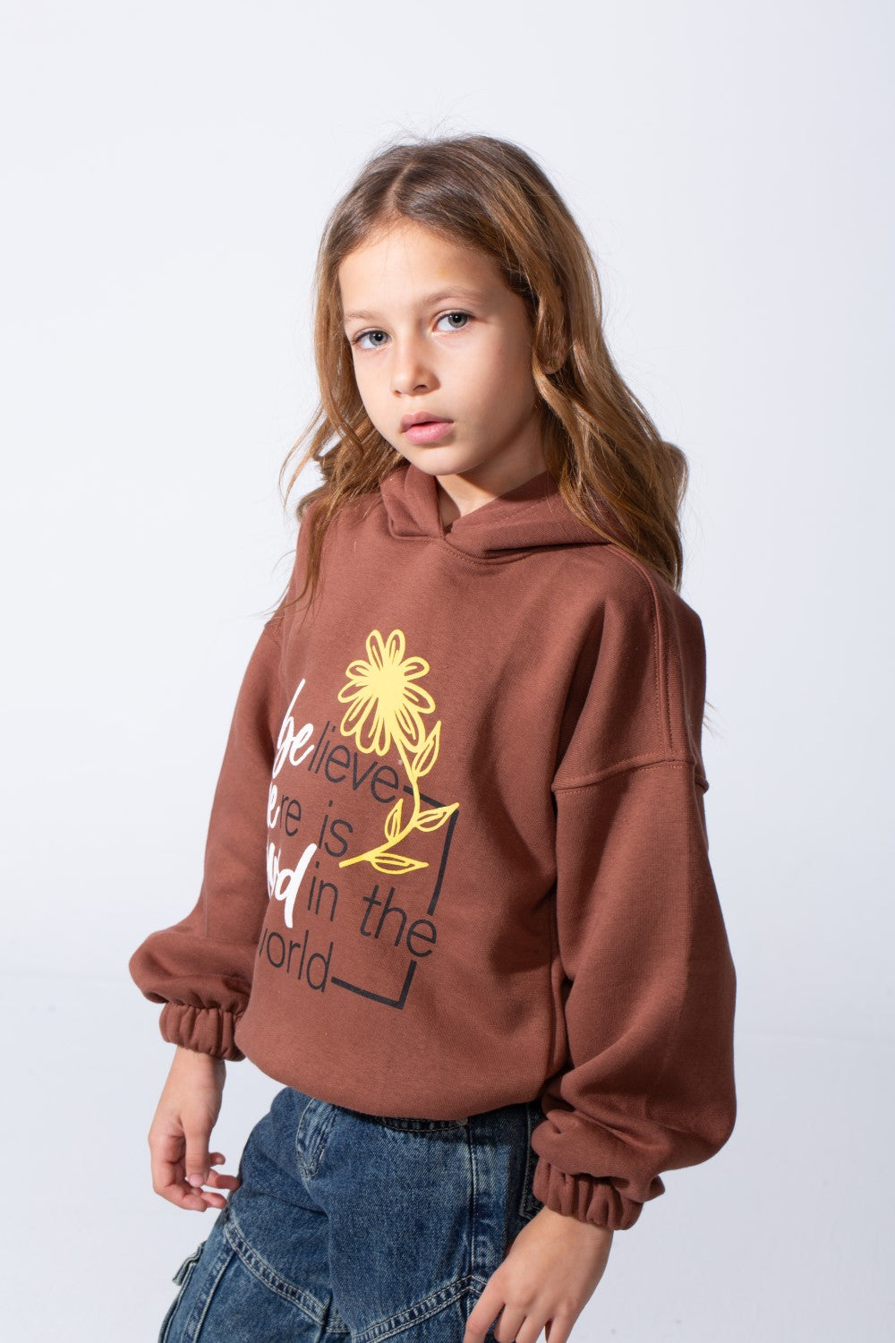 Girl's Oversized Fit With Dropped Shoulders Elasticated Cuffs Front Adorned Inspirational Typography Print Hooded Daily Wear Melton Sweatshirt