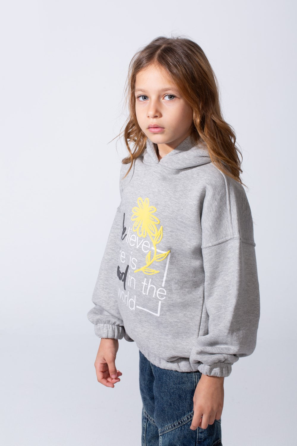 Girl's Oversized Fit With Dropped Shoulders Elasticated Cuffs Front Adorned Inspirational Typography Print Hooded Daily Wear Melton Sweatshirt