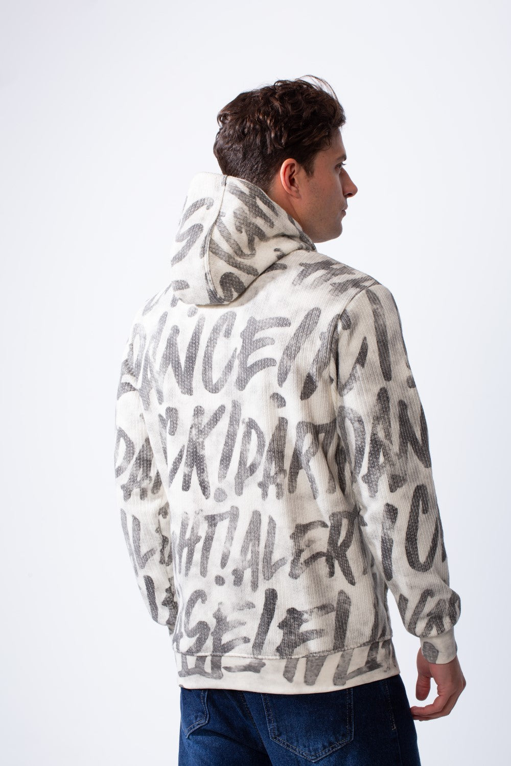 Men's Long Sleeves Kangaroo Front Pockets With All-Over Text Print For Daily Wear Hooded Casual Sweatshirt