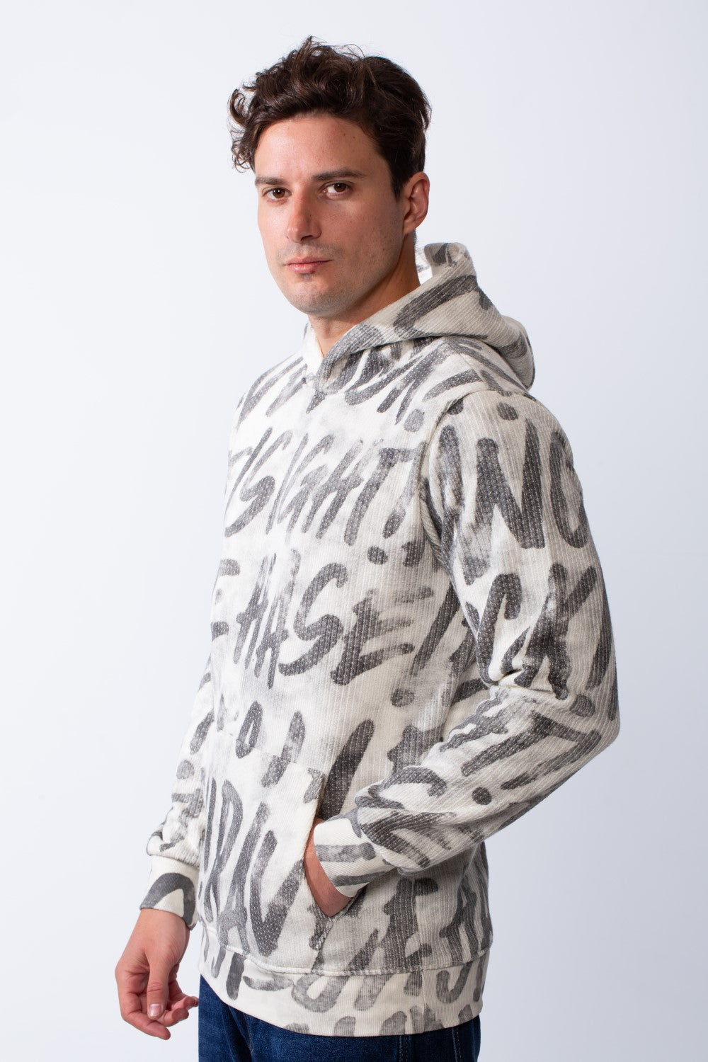 Men's Long Sleeves Kangaroo Front Pockets With All-Over Text Print For Daily Wear Hooded Casual Sweatshirt