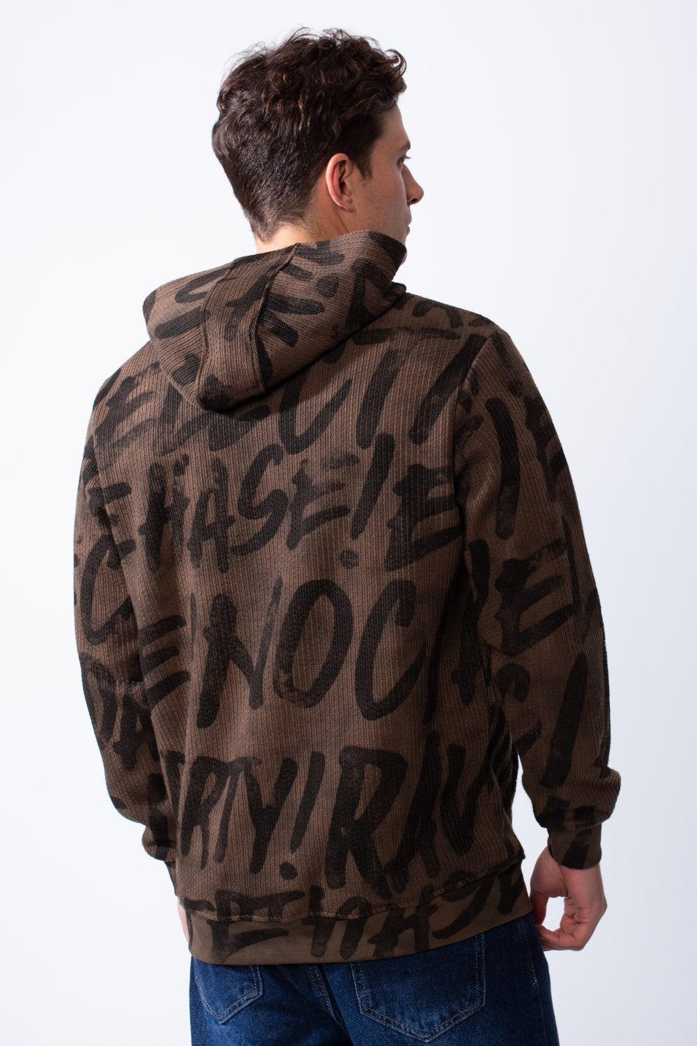 Men's Long Sleeves Kangaroo Front Pockets With All-Over Text Print For Daily Wear Hooded Casual Sweatshirt
