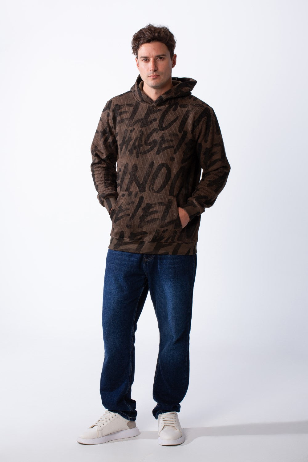 Men's Long Sleeves Kangaroo Front Pockets With All-Over Text Print For Daily Wear Hooded Casual Sweatshirt