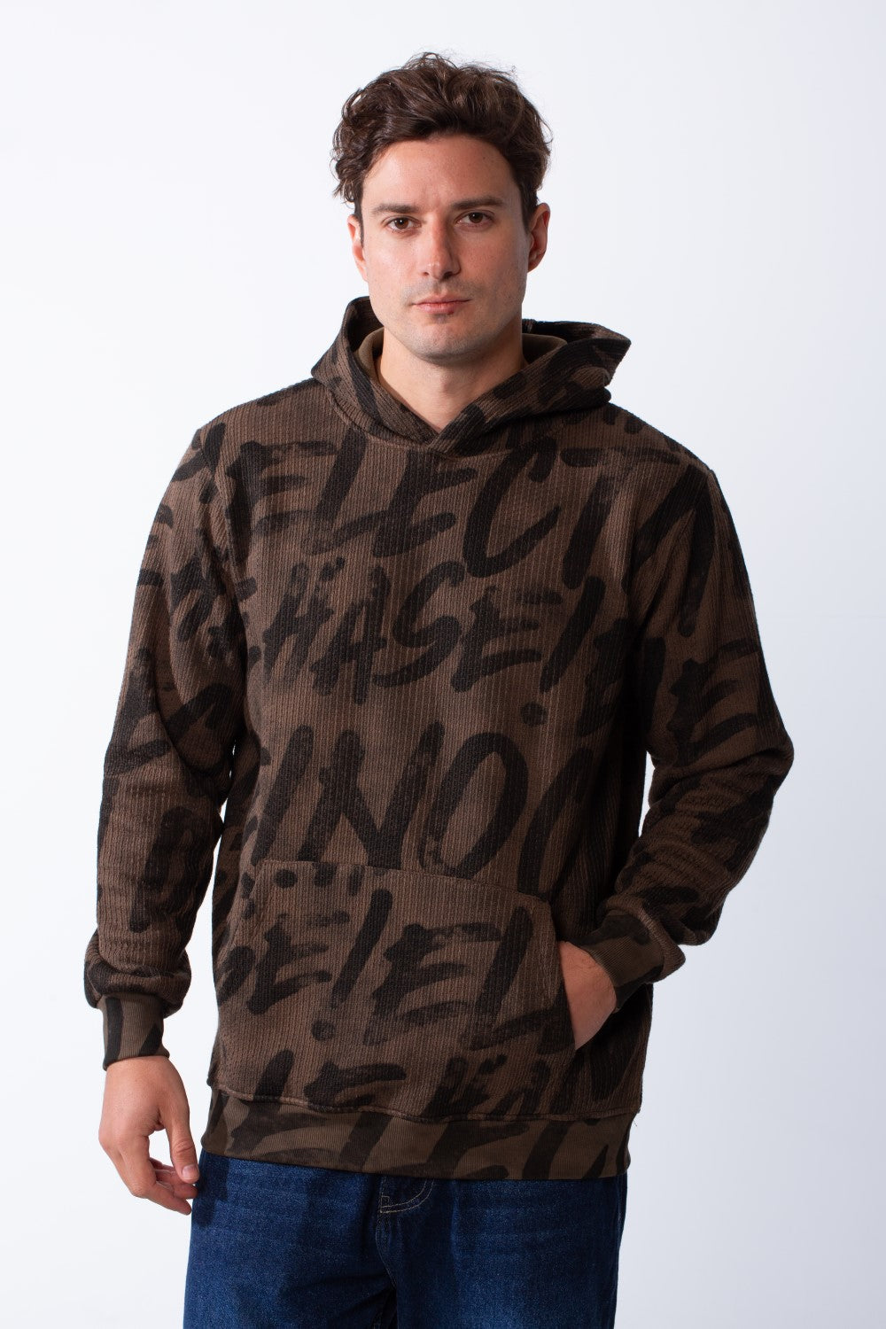 Men's Long Sleeves Kangaroo Front Pockets With All-Over Text Print For Daily Wear Hooded Casual Sweatshirt