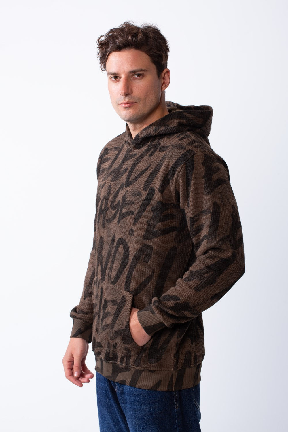 Men's Long Sleeves Kangaroo Front Pockets With All-Over Text Print For Daily Wear Hooded Casual Sweatshirt
