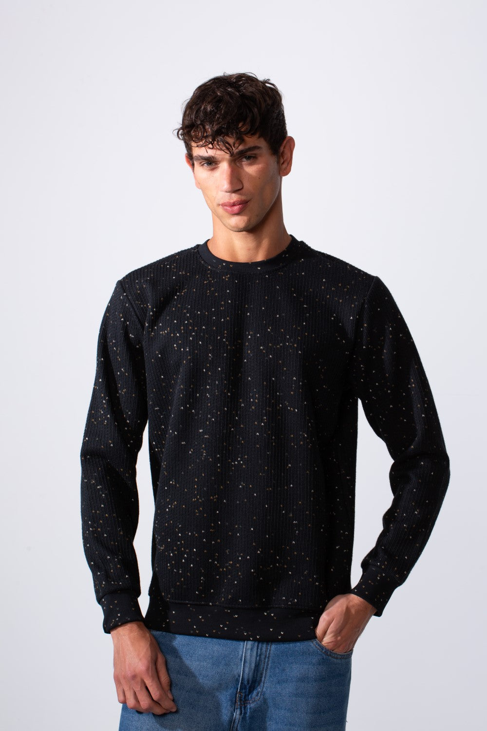 Men's Nep Fabric Slim Fit Jakar Round Neck Long Sleeve Sweatshirt