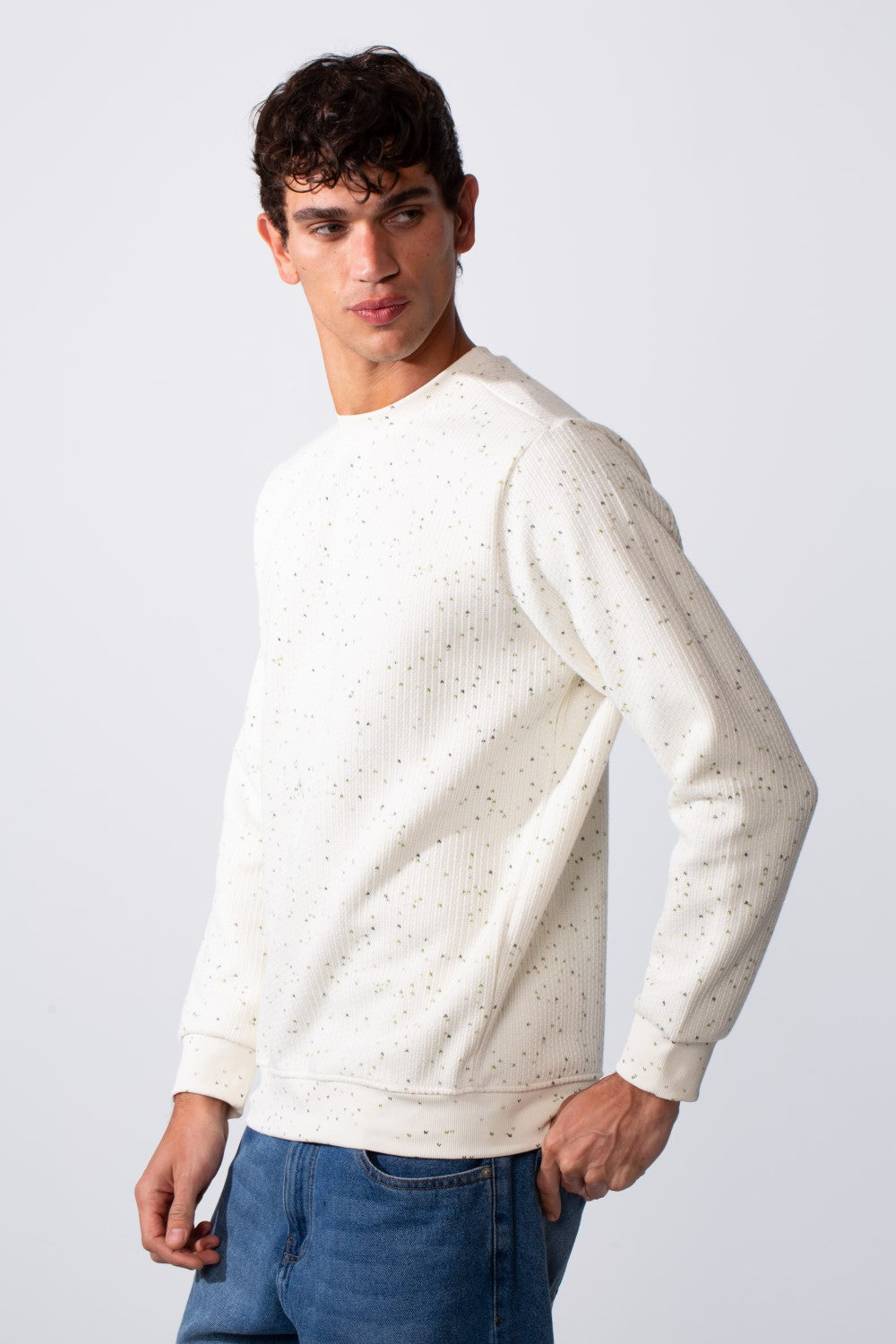 Men's Nep Fabric Slim Fit Jakar Round Neck Long Sleeve Sweatshirt