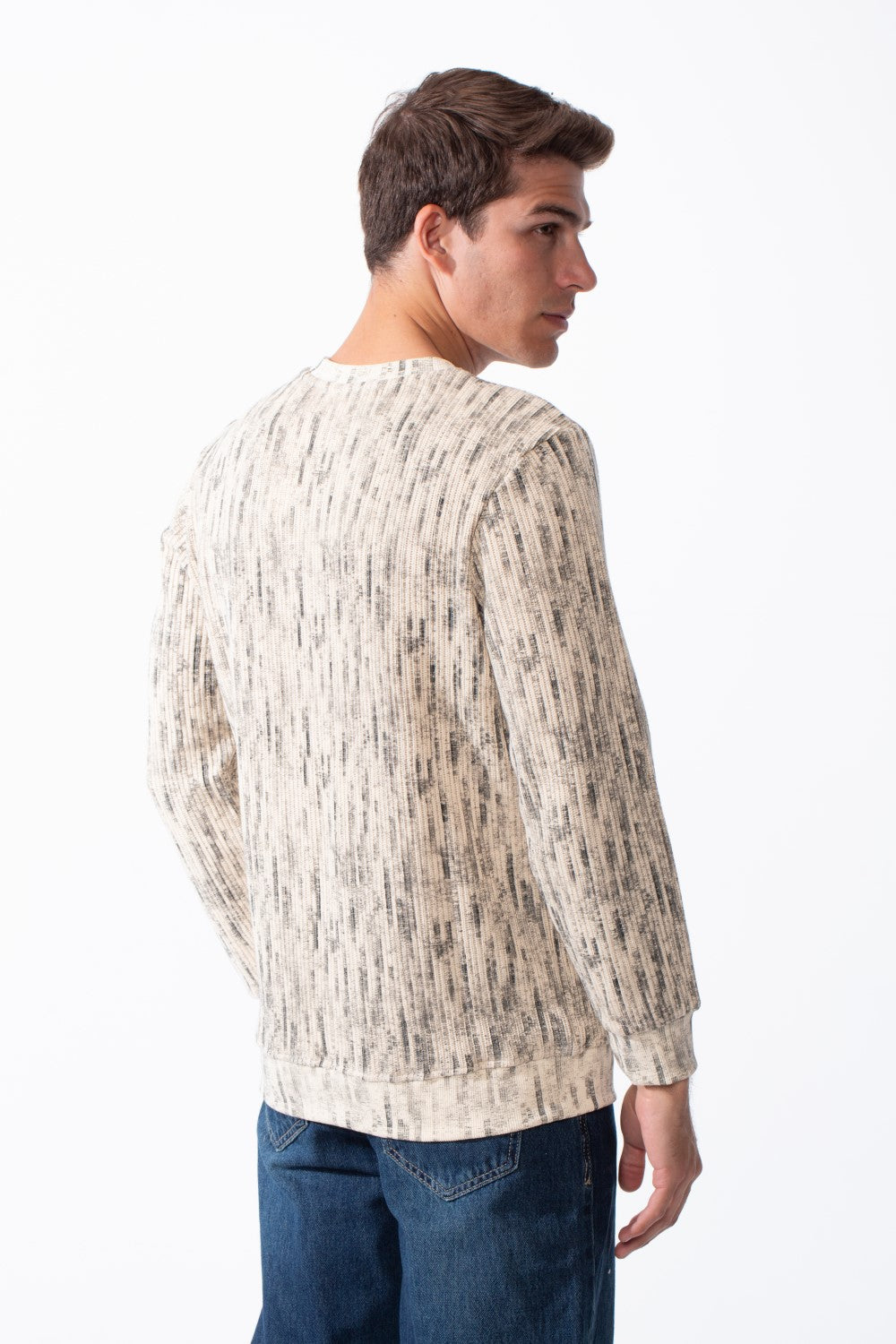 Men's Round Neck Checkered Pattern Long Sleeve Ribbed Fabric Slim Fit Sweatshirt