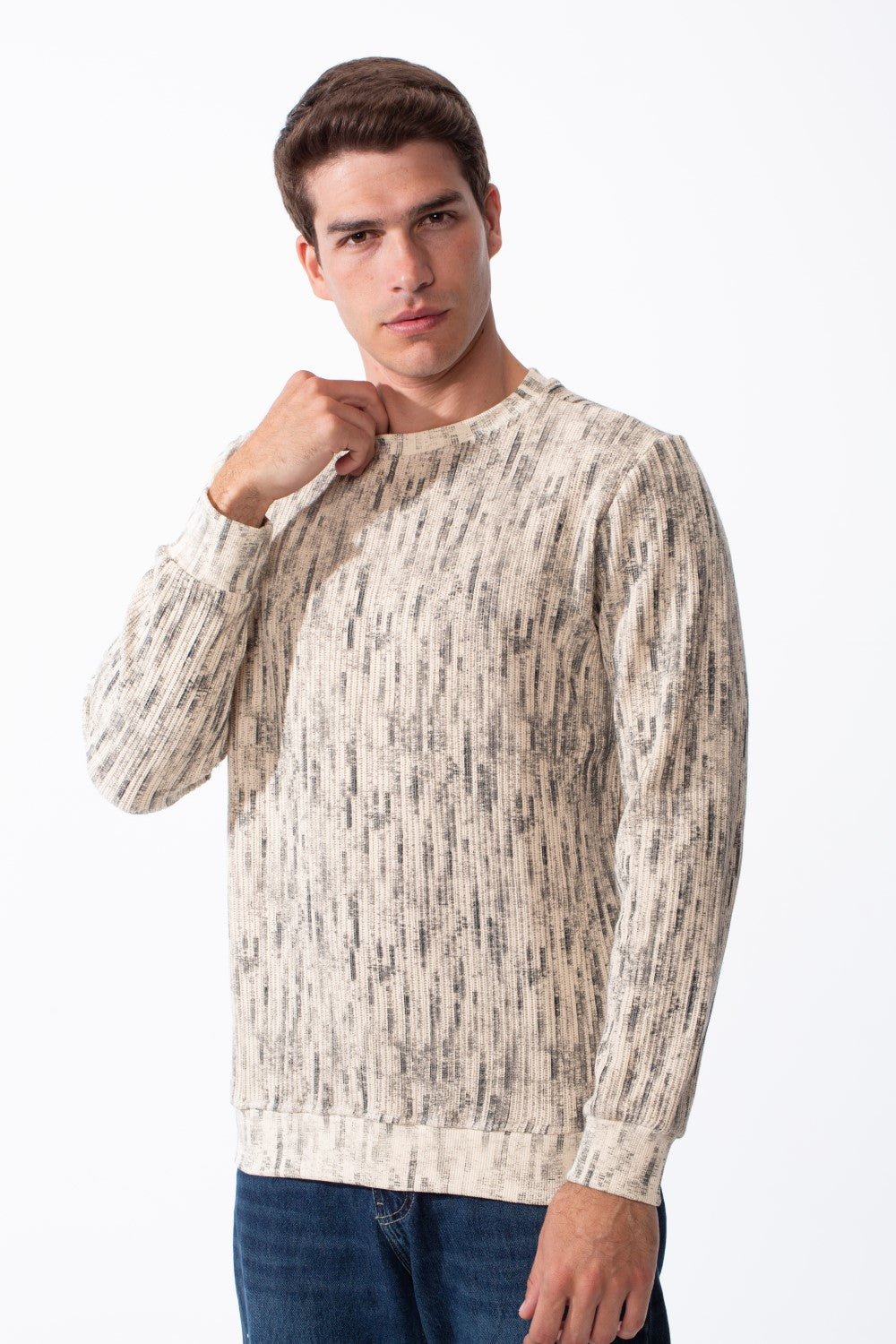Men's Round Neck Checkered Pattern Long Sleeve Ribbed Fabric Slim Fit Sweatshirt