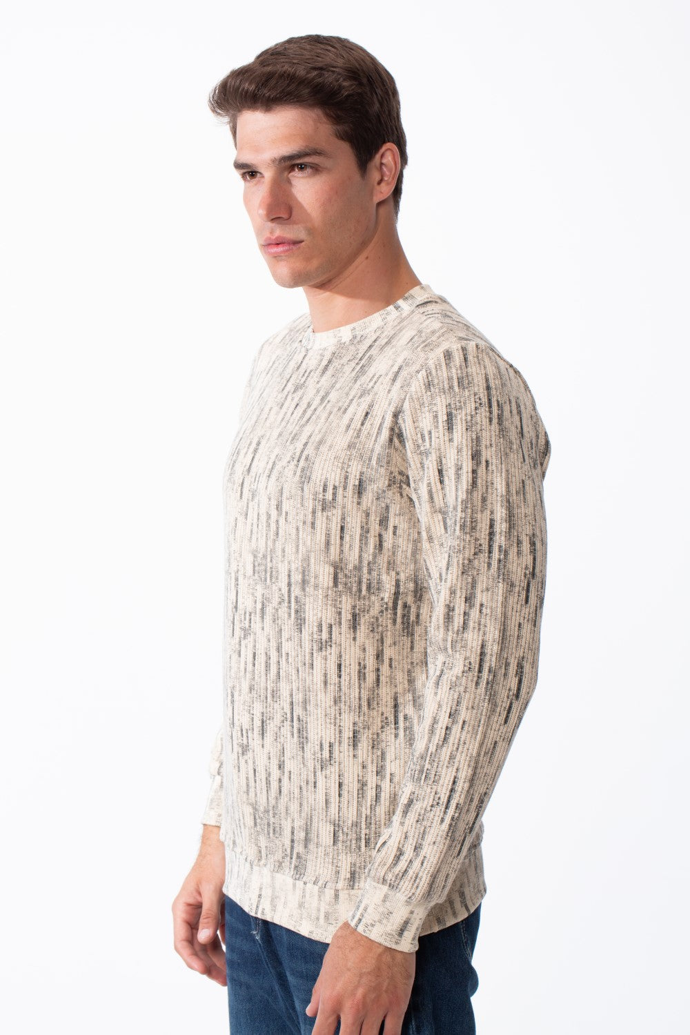 Men's Round Neck Checkered Pattern Long Sleeve Ribbed Fabric Slim Fit Sweatshirt