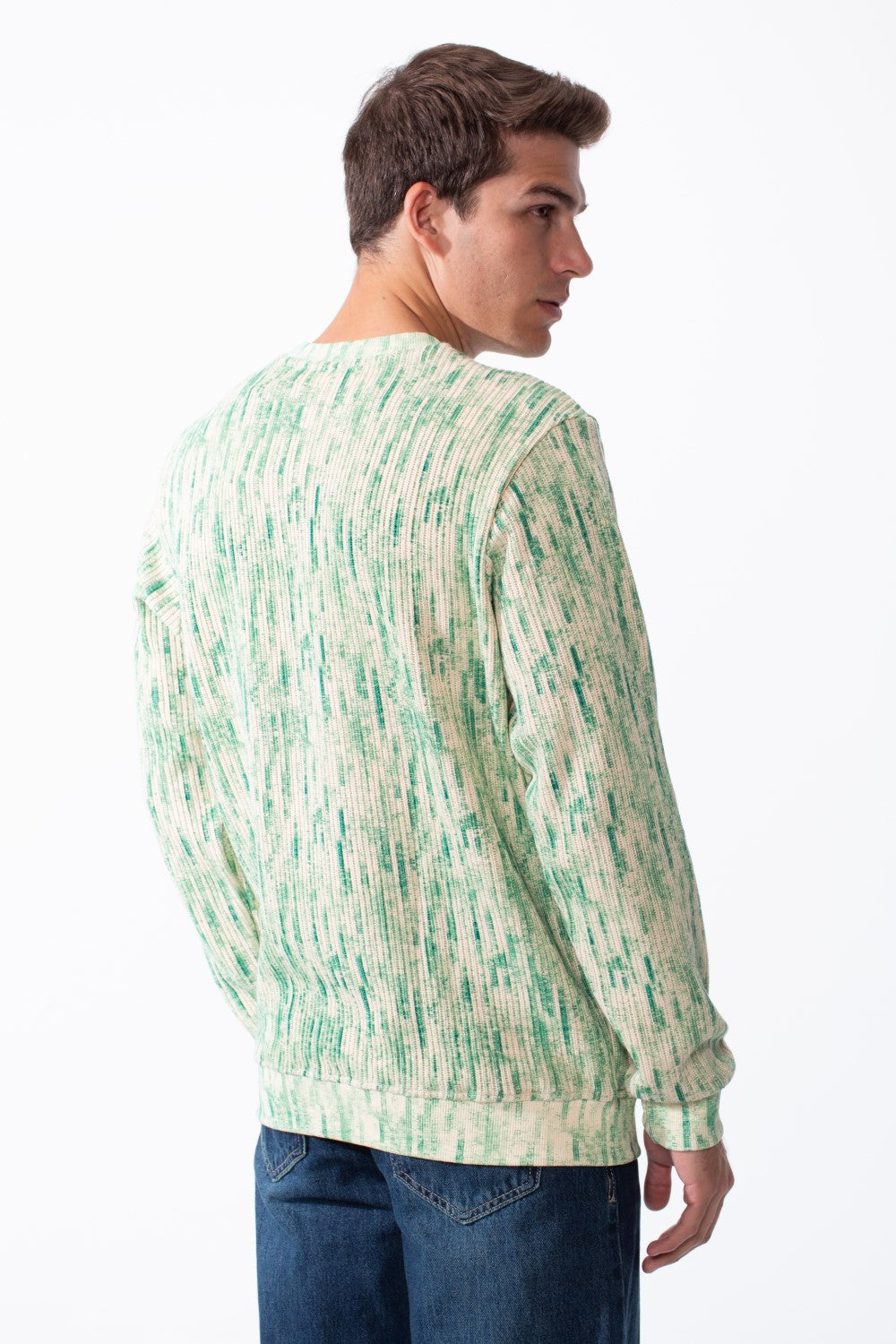 Men's Round Neck Checkered Pattern Long Sleeve Ribbed Fabric Slim Fit Sweatshirt