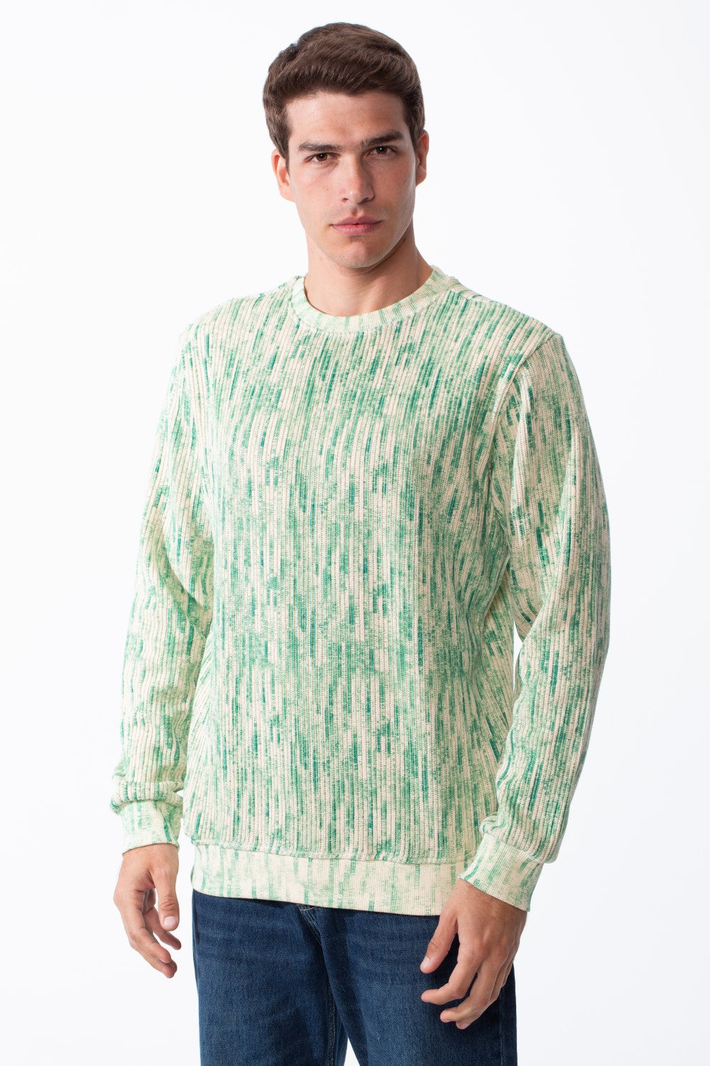 Men's Round Neck Checkered Pattern Long Sleeve Ribbed Fabric Slim Fit Sweatshirt