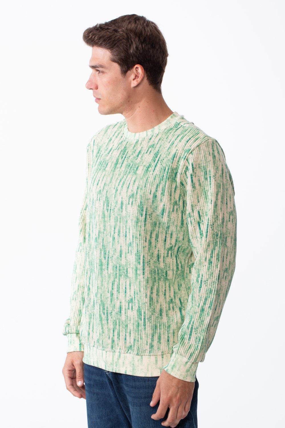 Men's Round Neck Checkered Pattern Long Sleeve Ribbed Fabric Slim Fit Sweatshirt