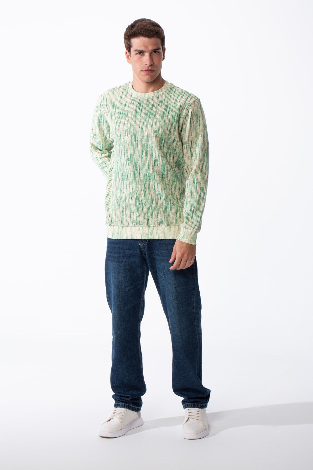 Men's Round Neck Checkered Pattern Long Sleeve Ribbed Fabric Slim Fit Sweatshirt