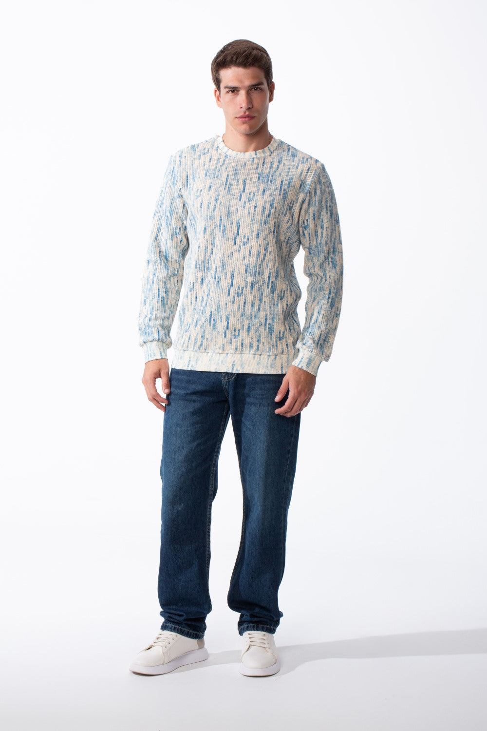 Men's Round Neck Checkered Pattern Long Sleeve Ribbed Fabric Slim Fit Sweatshirt