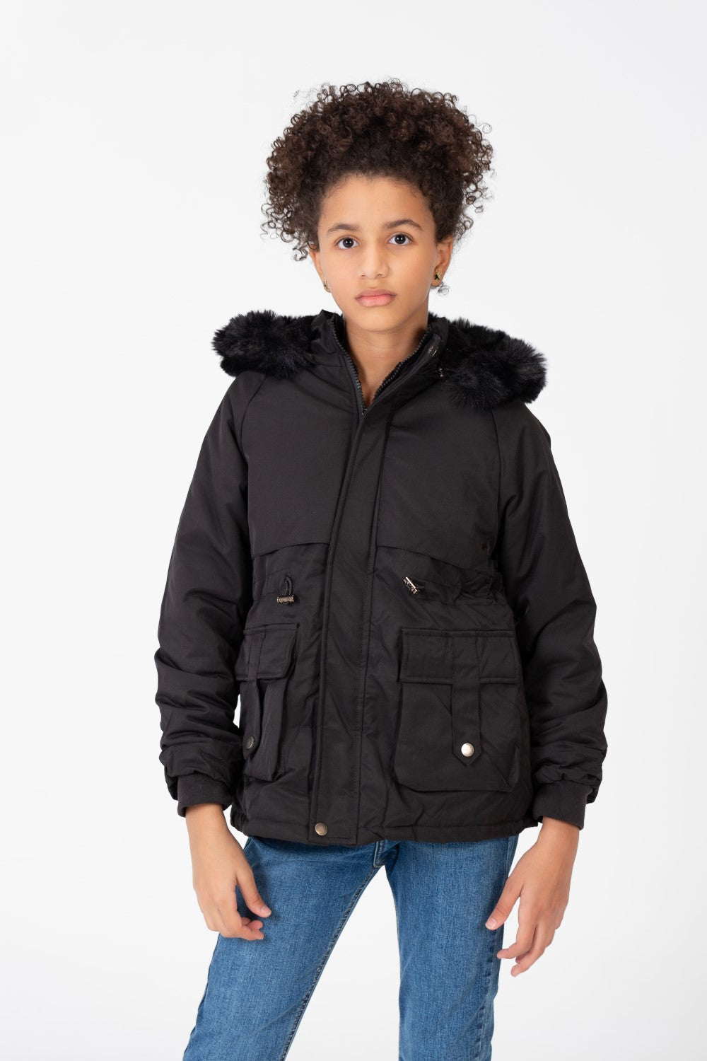 Girl’s Tomato Store Warm Faux Fur Hood Large Front Pockets Zip-Up Closure Waterproof Jacket
