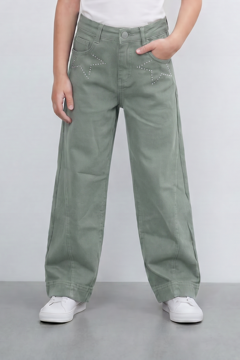 Girl's Tomato Store Stardust Pants Rhinestone Star Artwork Around The Front Pockets Washed Grain