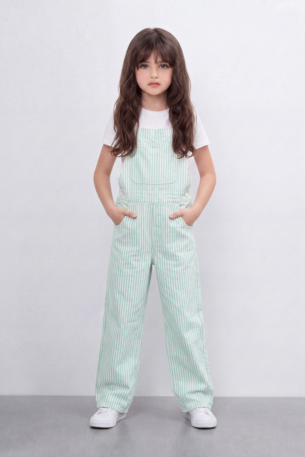 Girl's Tomato Store Stripe Utility Overalls Vertical Stripe Pattern Runs Through Washed Grain Surface Jumpsuit