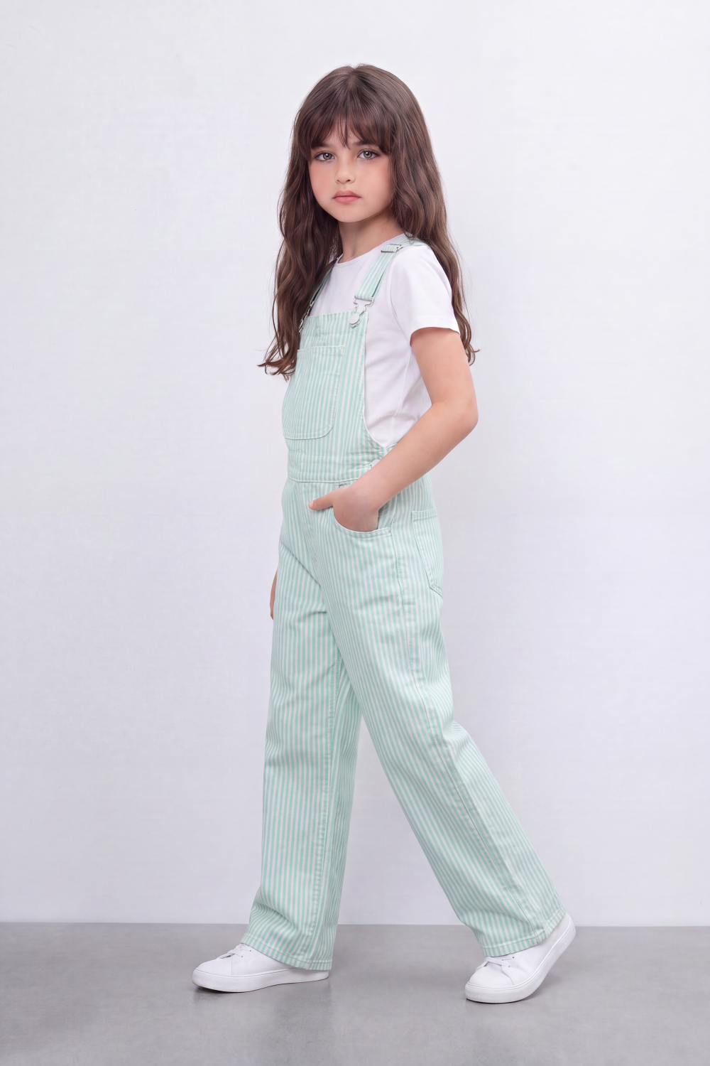 Girl's Tomato Store Stripe Utility Overalls Vertical Stripe Pattern Runs Through Washed Grain Surface Jumpsuit