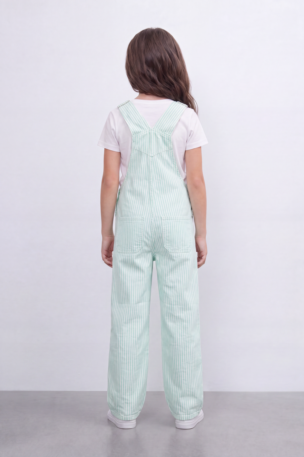 Girl's Tomato Store Stripe Utility Overalls Vertical Stripe Pattern Runs Through Washed Grain Surface Jumpsuit