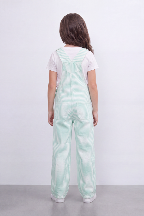 Girl's Tomato Store Stripe Utility Overalls Vertical Stripe Pattern Runs Through Washed Grain Surface Jumpsuit