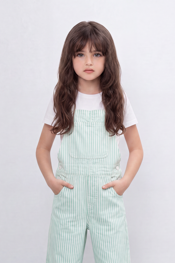 Girl's Tomato Store Stripe Utility Overalls Vertical Stripe Pattern Runs Through Washed Grain Surface Jumpsuit