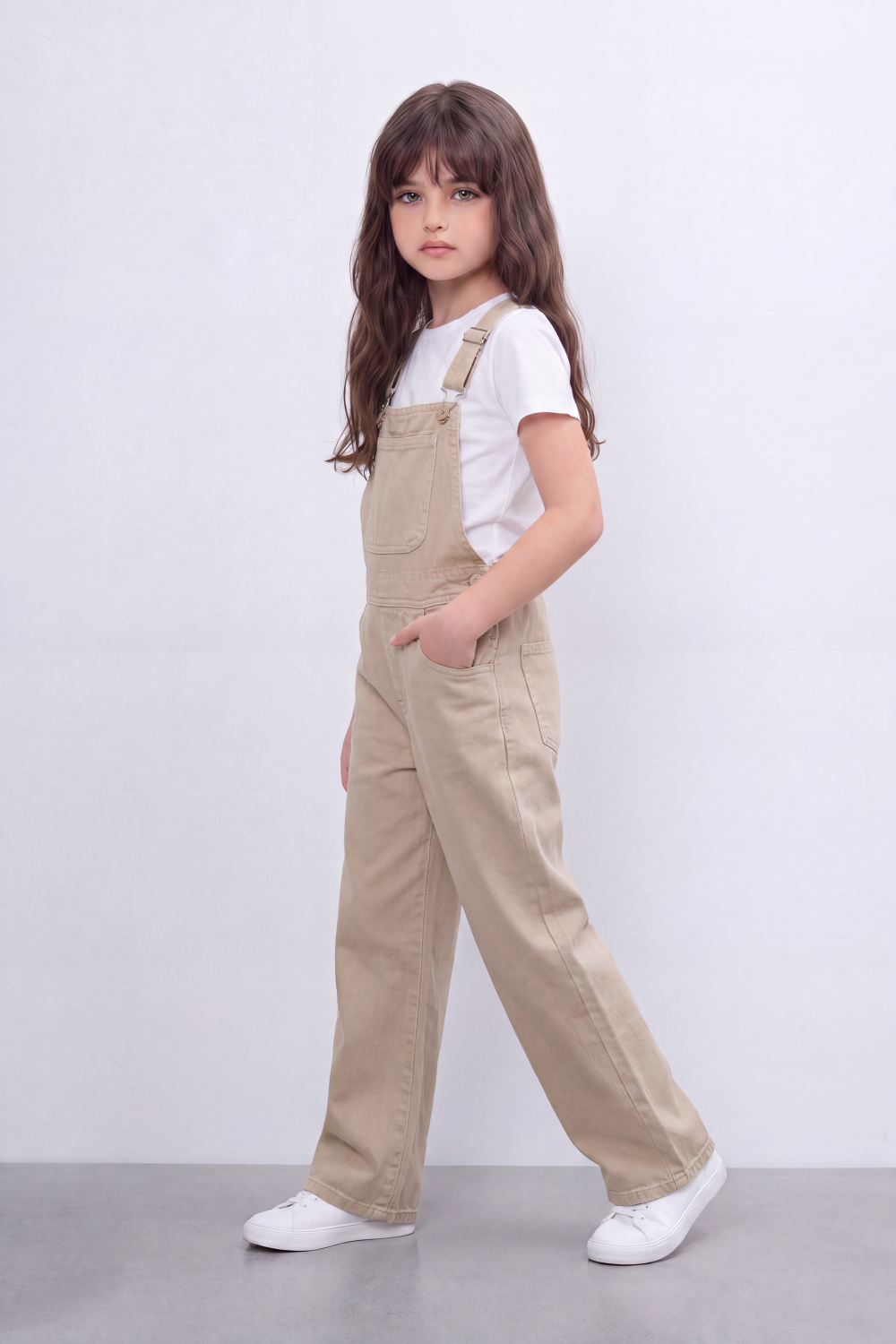 Girls’ Tomato Store Utility Bib Overalls Washed Grain Texture Covers Full Body Front Bib Pocket Side Button Detail Slim Fit Jumpsuit