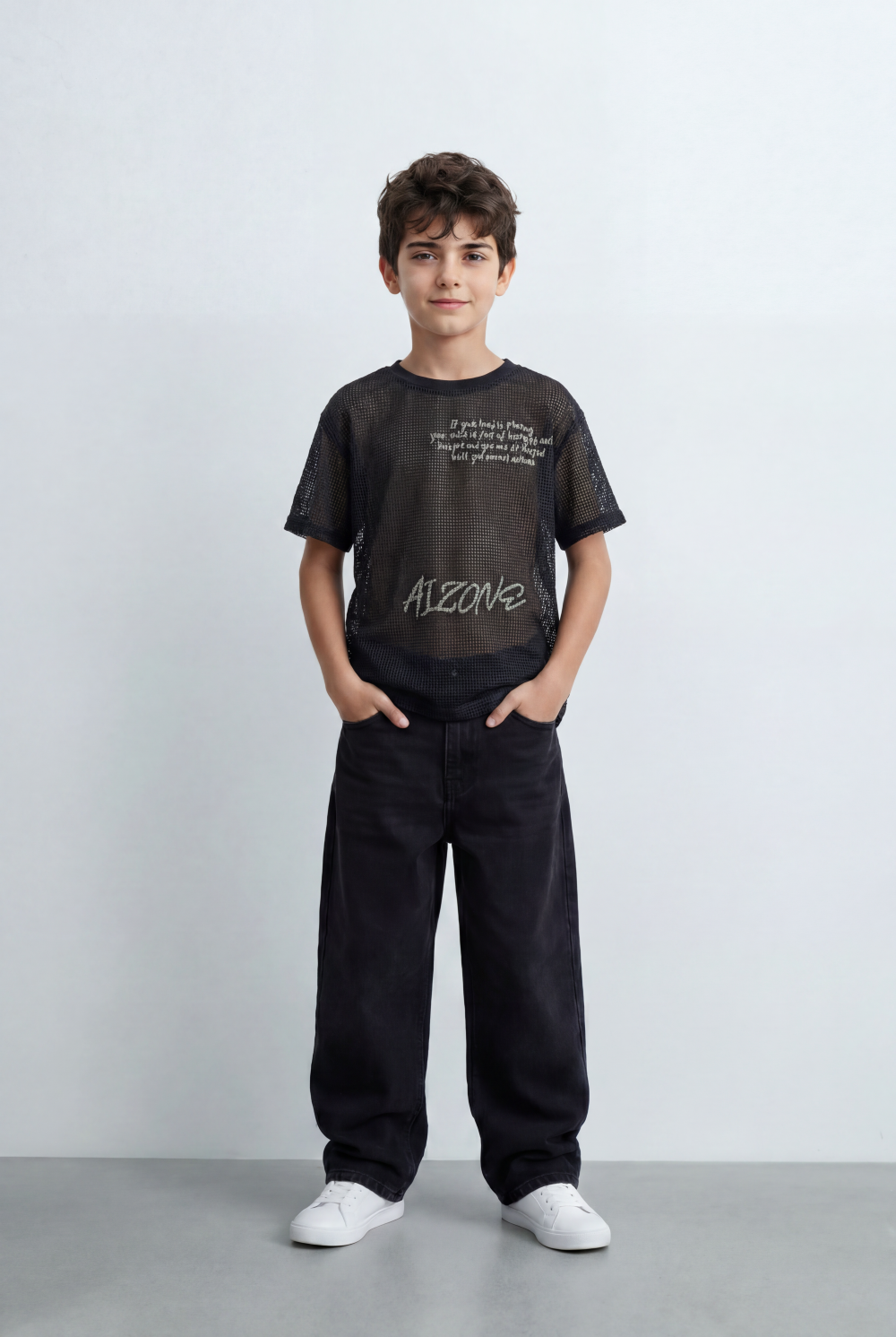 Boy’s Tomato Store Mesh Graphic T-Shirt Open Knit Construction Front And Back Artwork Oversized